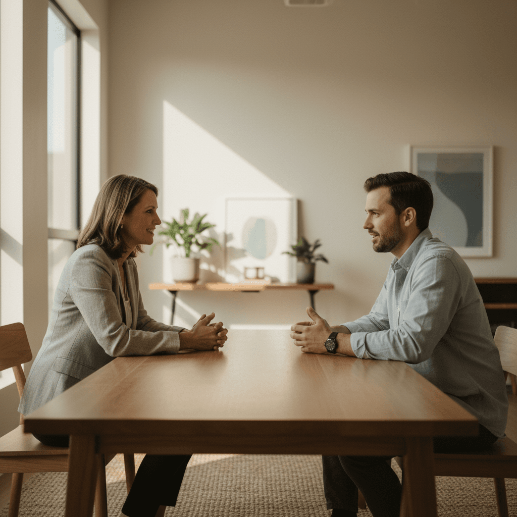 Career coach and client in focused one-on-one conversation