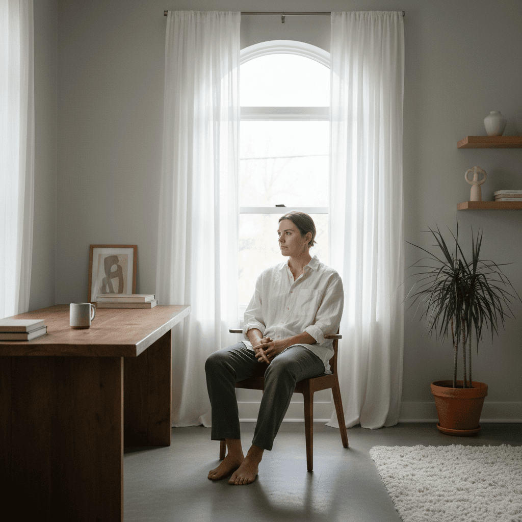 Person reflecting during a career transition moment