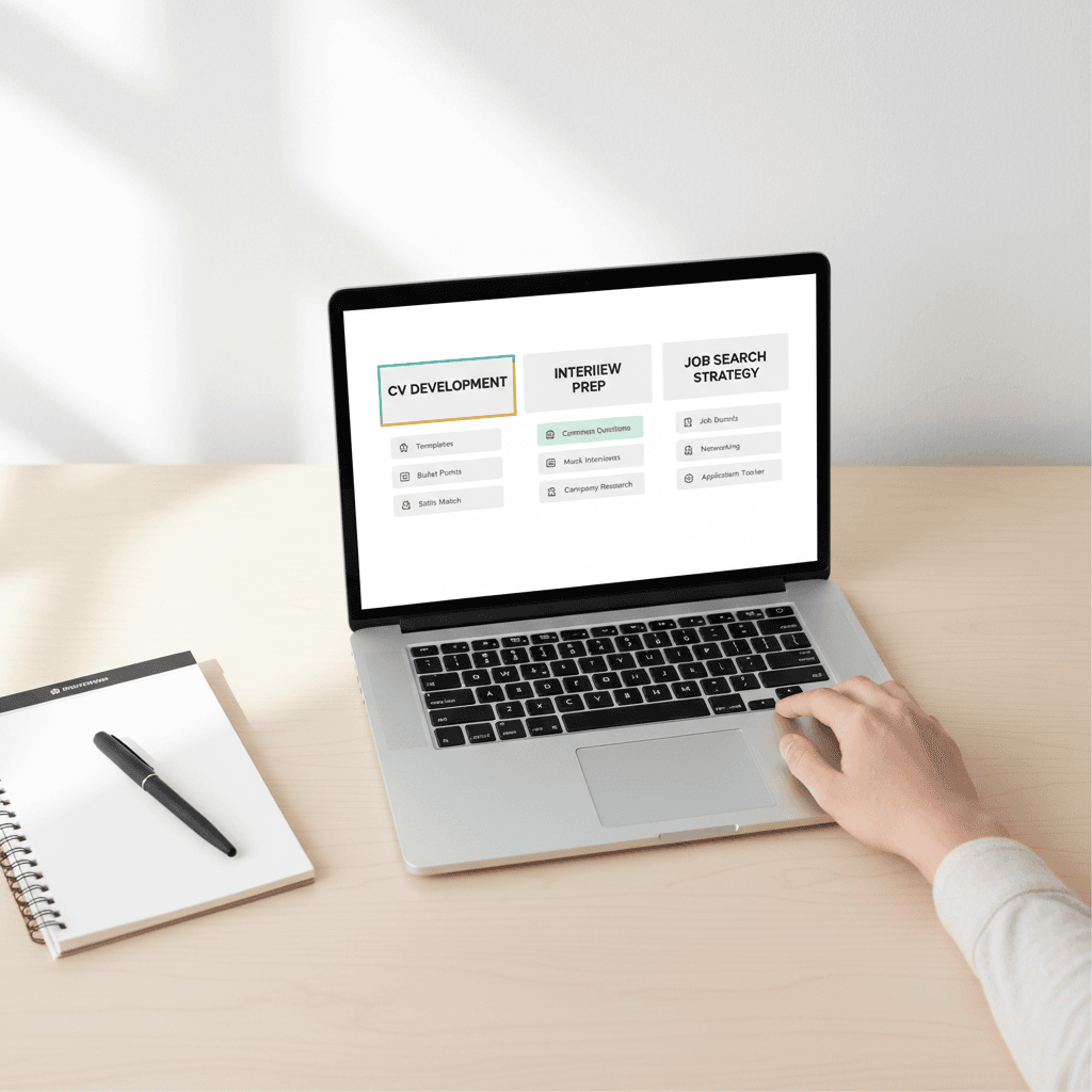 Self-paced digital job search toolkit on laptop showing CV, interview, and strategy guidance