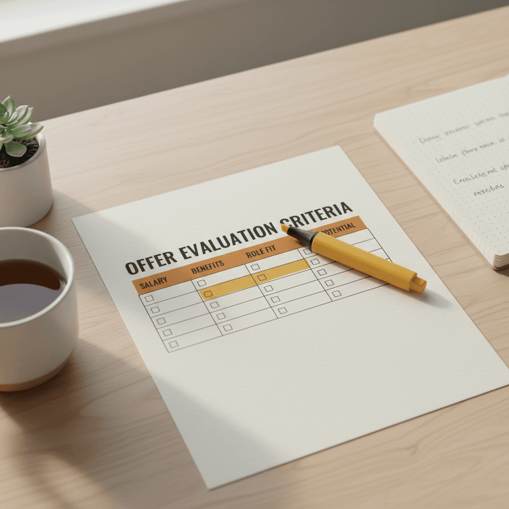 Offer evaluation worksheet showing comparison framework for job decisions