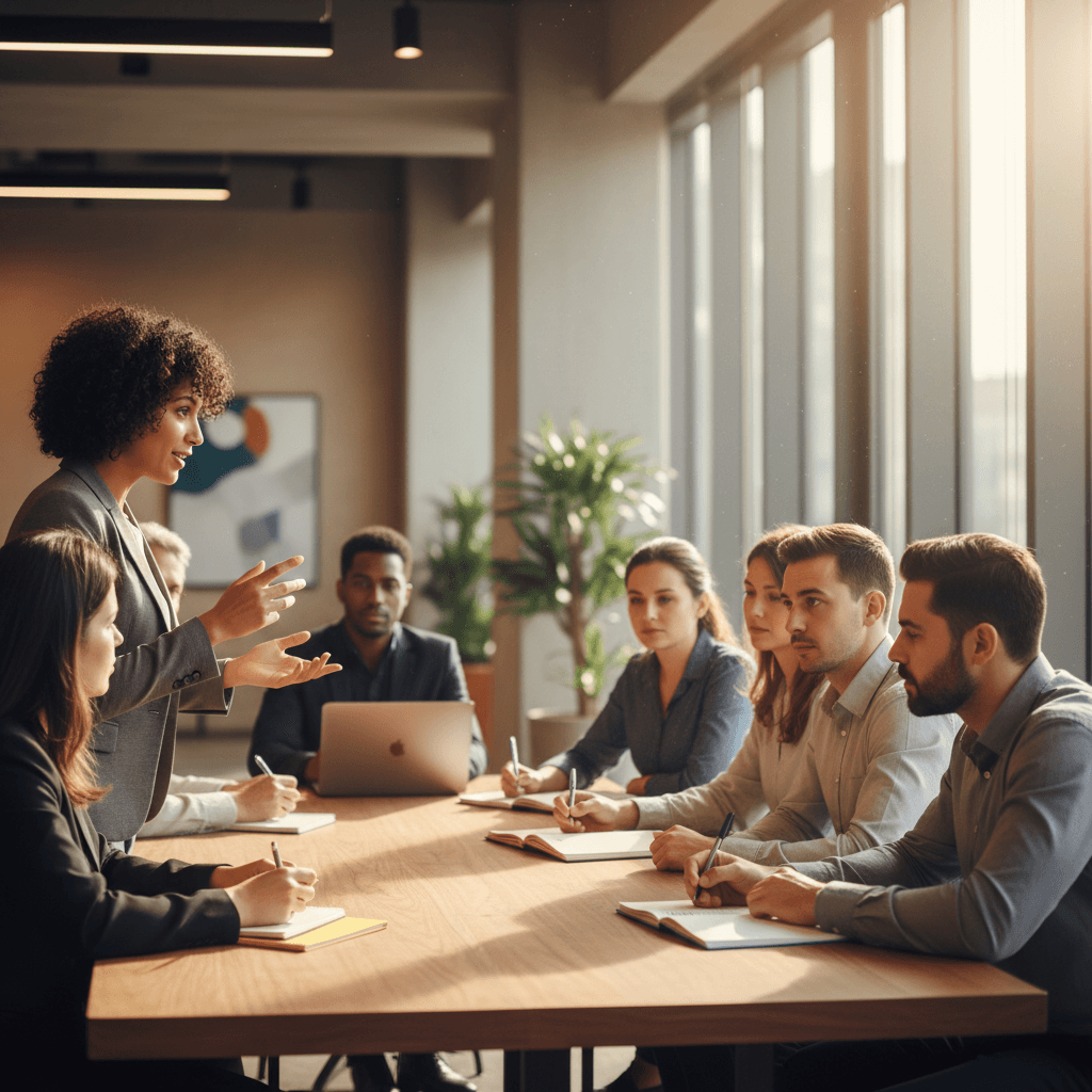 A documentary-style professional aesthetic medium shot of a workshop facilitator standing beside a group of HR and talent professionals gathered around a table, engaged in discussion.