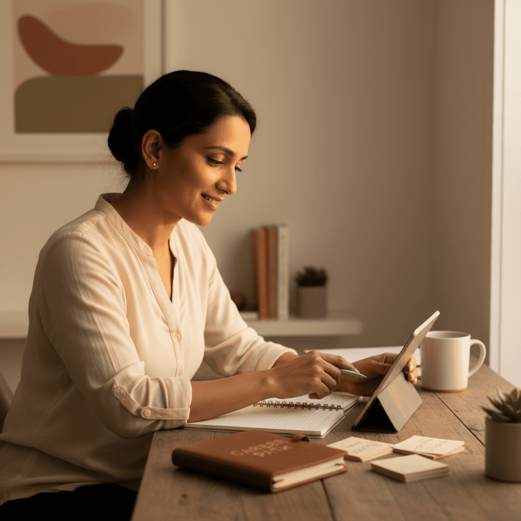 Professional in career transition thoughtfully working through structured career planning materials