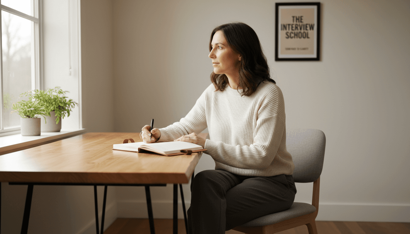 Professional in a calm, thoughtful workspace during career planning