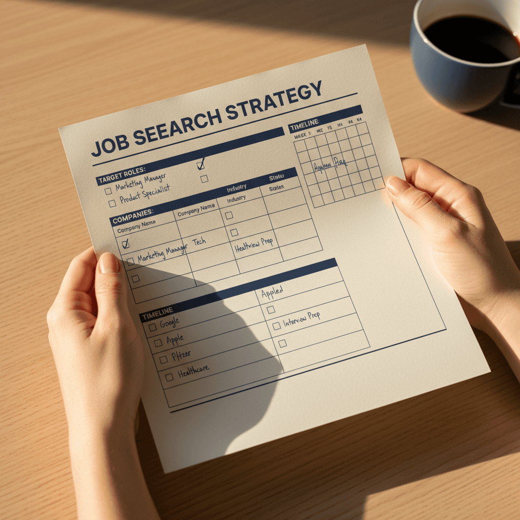 Job search strategy worksheet with handwritten planning notes