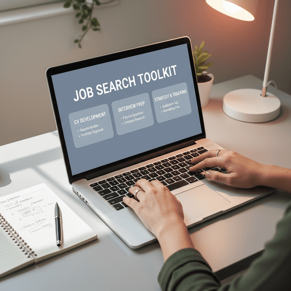 Hands using digital job search toolkit on laptop screen