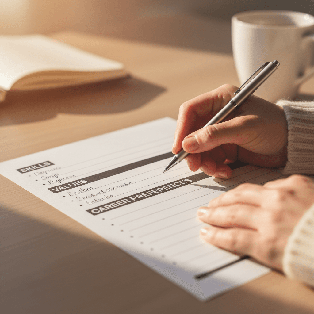 Hands completing career direction assessment questionnaire