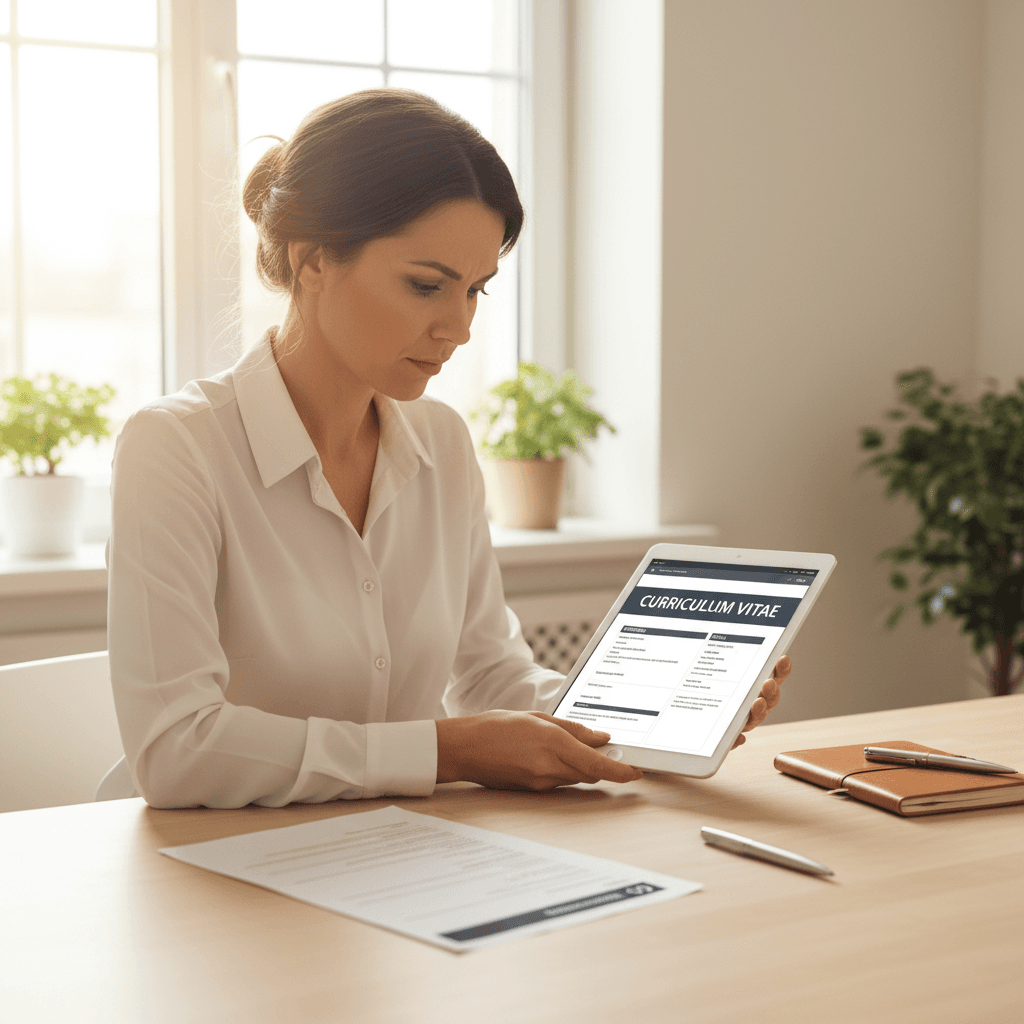 Professional reviewing CV template on tablet at workspace