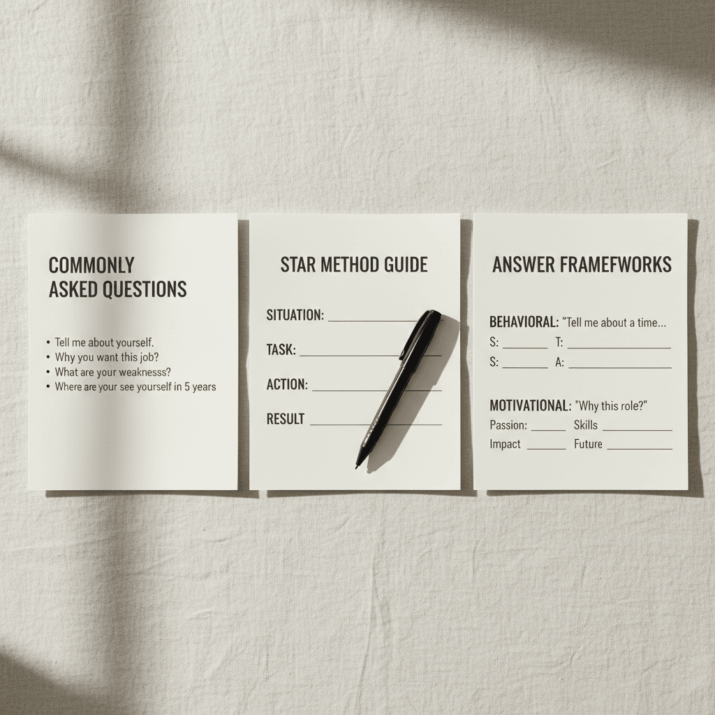 Interview preparation worksheets displaying question guides and frameworks