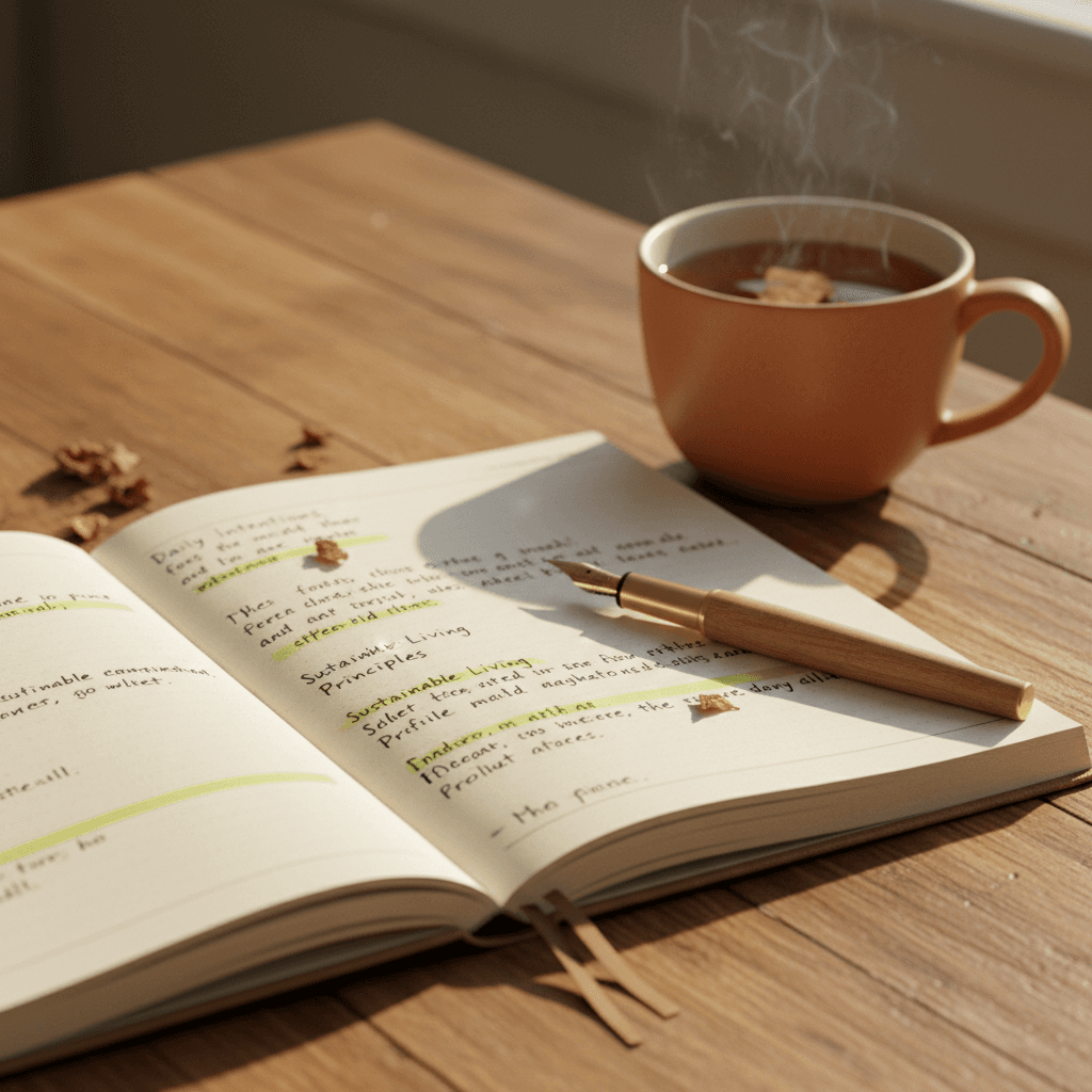 Handwritten journal notes with tea, suggesting reflective career planning