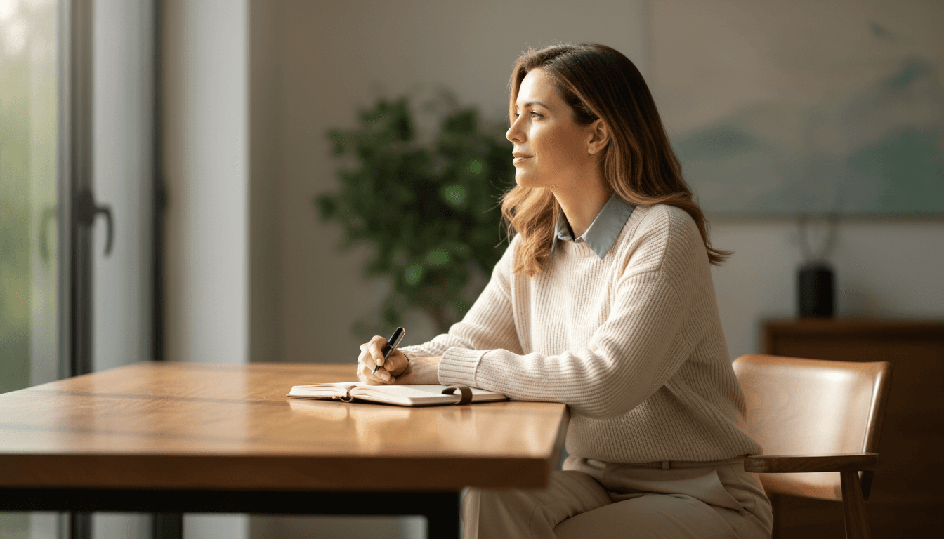 Professional woman in a calm, sunlit workspace reflecting thoughtfully