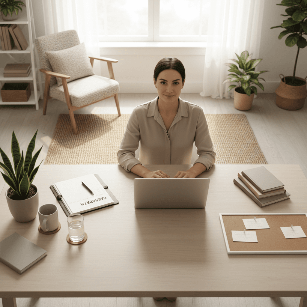 Professional workspace reflecting balanced career planning and wellbeing approach