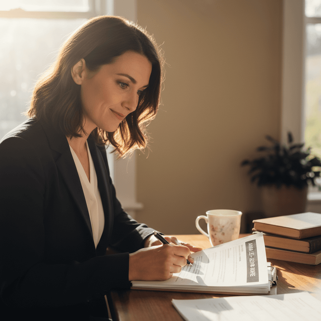 Professional woman reviewing resume with quiet confidence