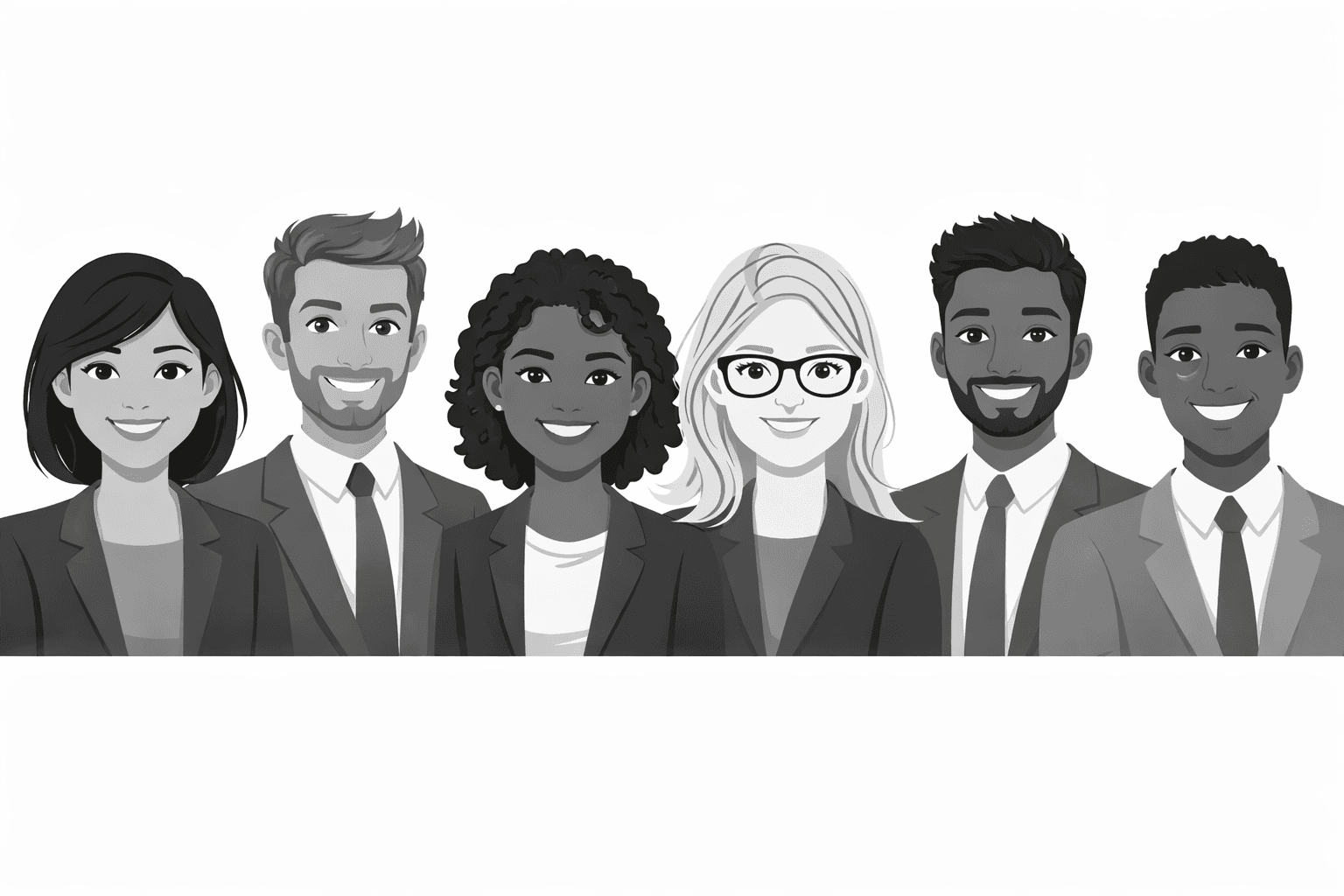 Grayscale illustration of six diverse men and women in professional business suits, smiling together.