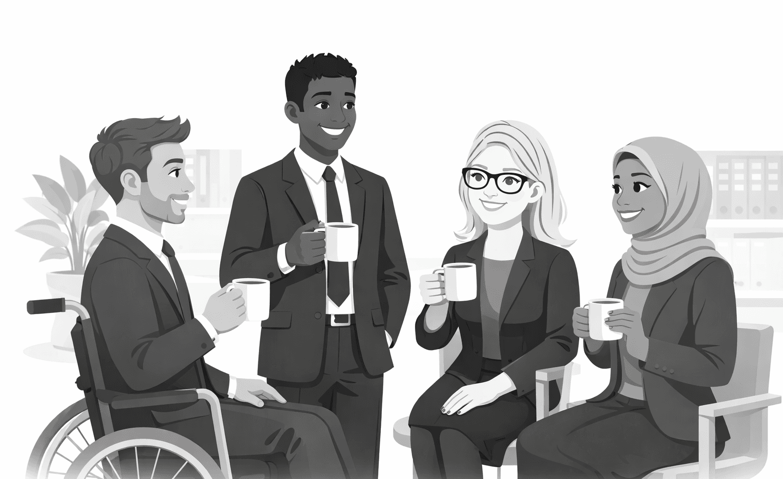 Four diverse professionals, including a wheelchair user, smiling and holding coffee mugs in an office.