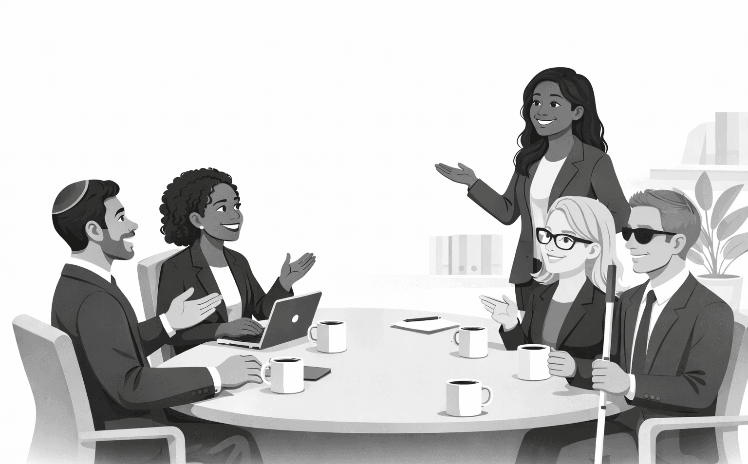 Diverse professionals, including a blind man, collaborating and sharing ideas around a conference table.