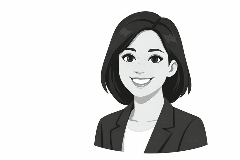 Smiling woman with short dark hair wearing a professional blazer, black and white vector illustration.