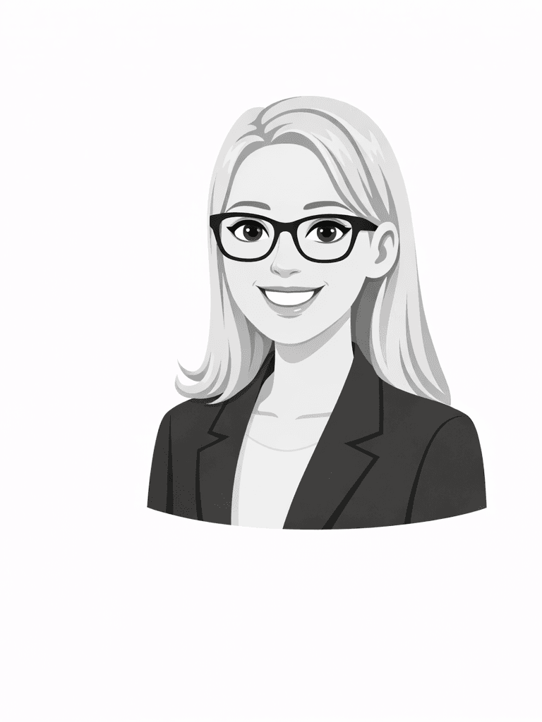 Grayscale illustration of a smiling woman with long hair, black-rimmed glasses, and a professional blazer.