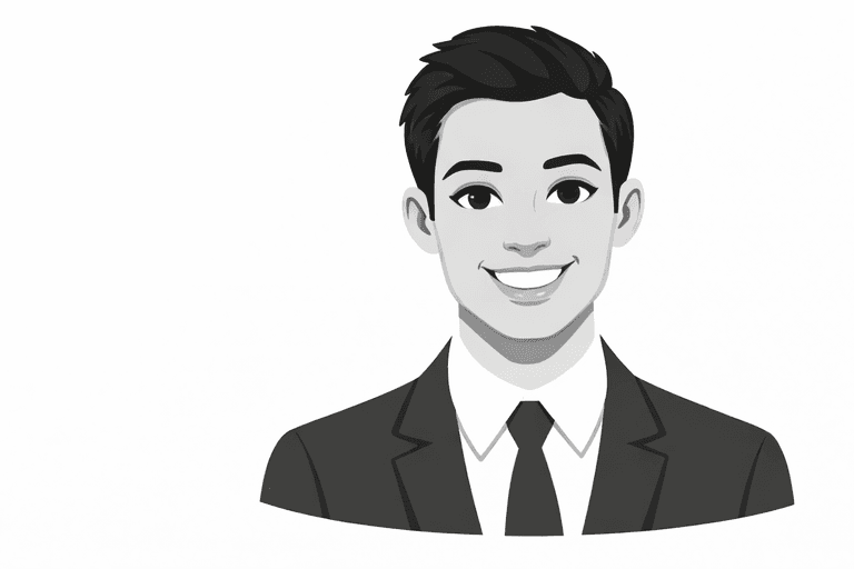 Grayscale vector illustration of a smiling young man wearing a professional suit and tie.